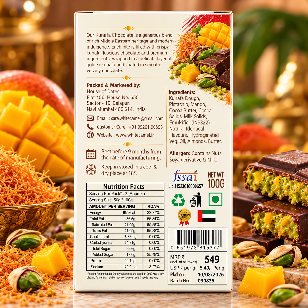 White Camel Kunafa Chocolate With Pistachio Mango 100gm