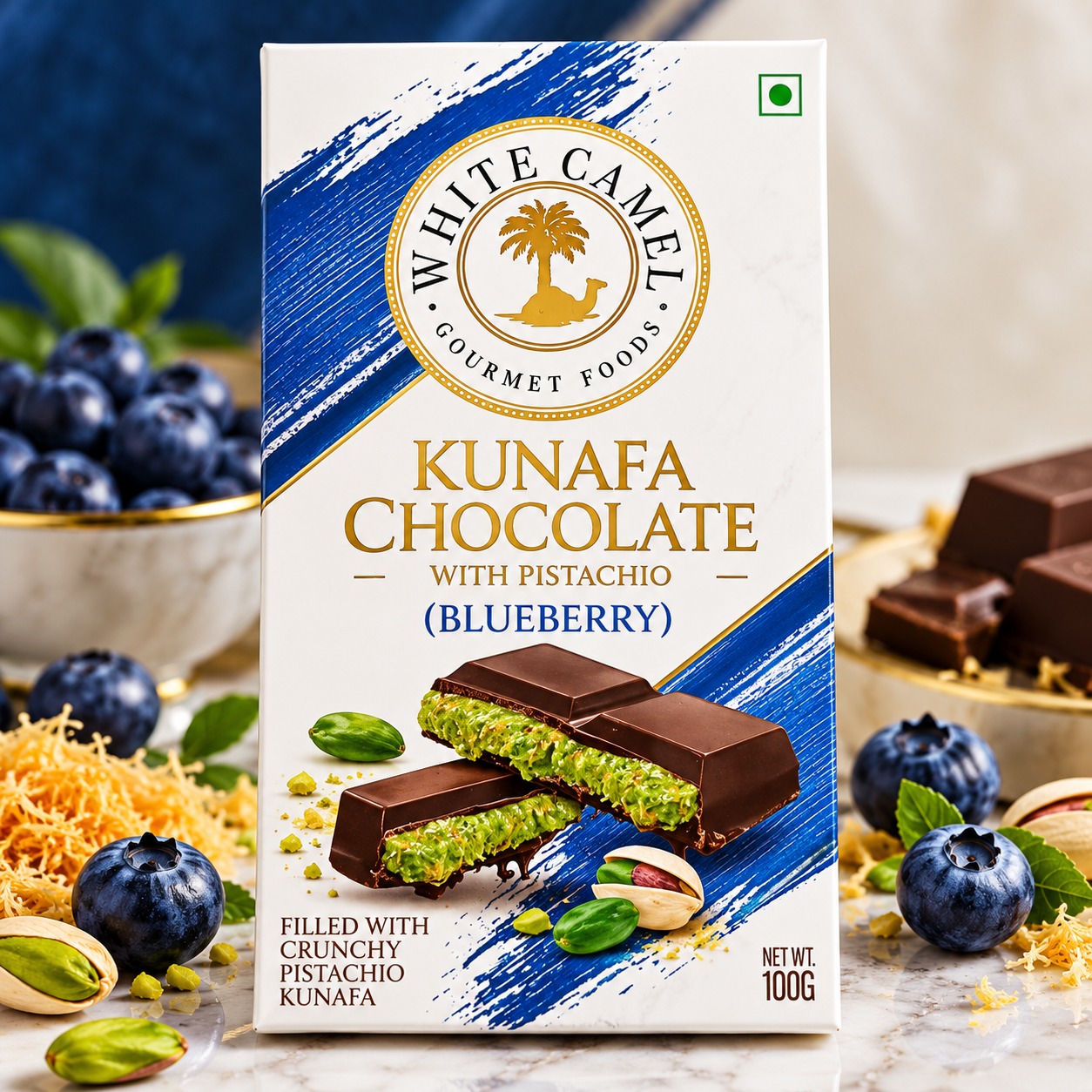 White Camel Kunafa Chocolate With Pistachio Blueberry 100gm