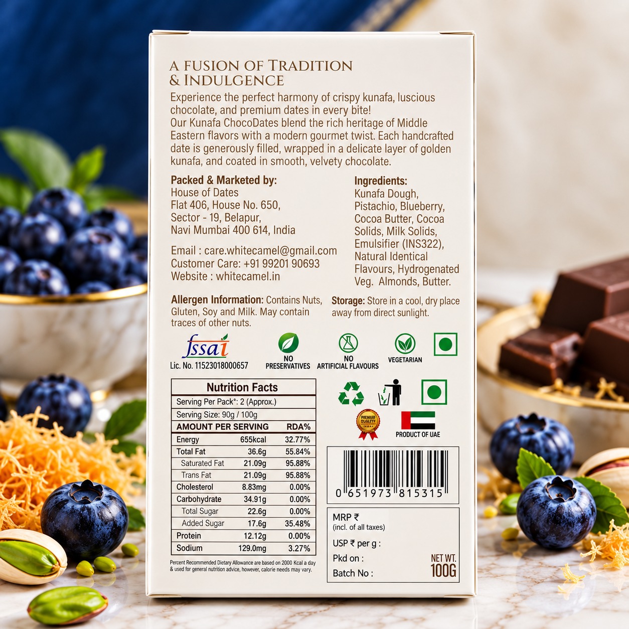 White Camel Kunafa Chocolate With Pistachio Blueberry 100gm