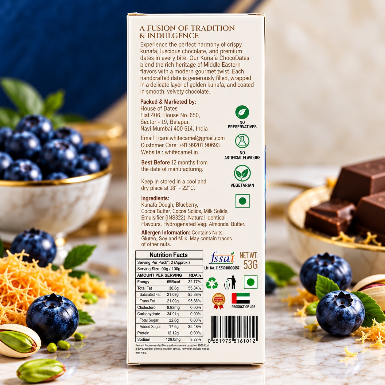 White Camel Kunafa Chocolate With Pistachio Blueberry 100gm