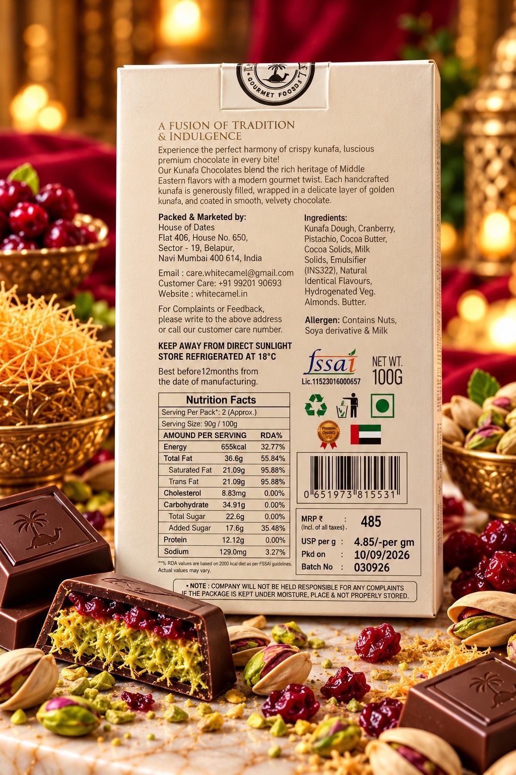 White Camel Kunafa Minis Cranberry Chocolate 100gm