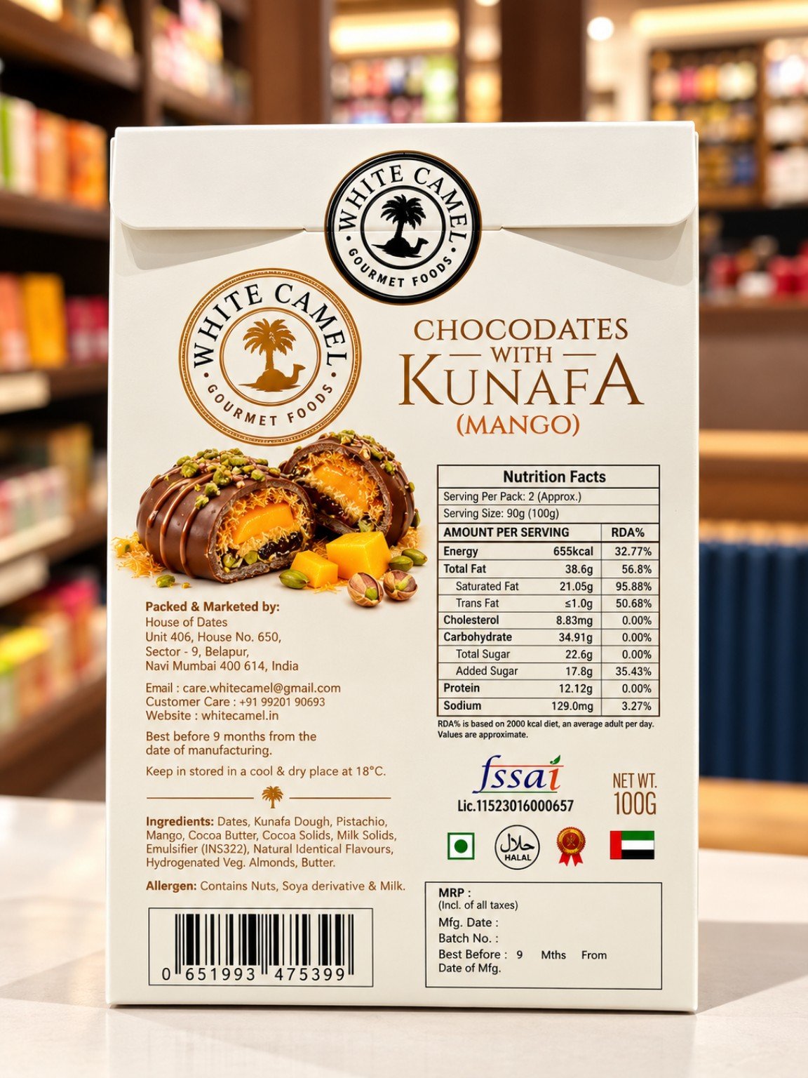 White Camel Chocodates With Kunafa Mango 100gm