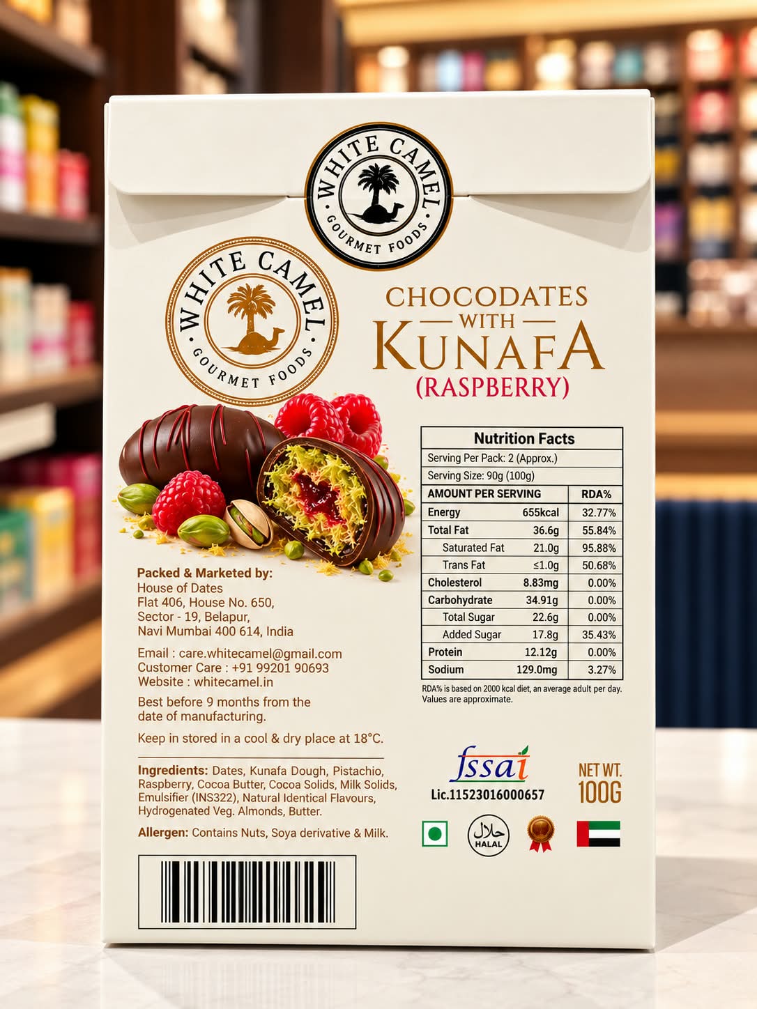 White Camel Chocodates With Kunafa Raspberry 100gm