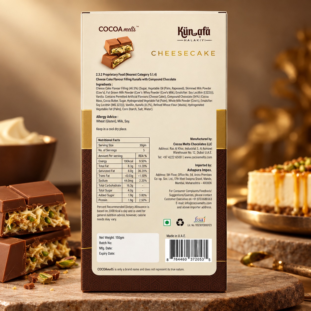 Cocoa Melts Kunafa Cheesecake Bar 150gm