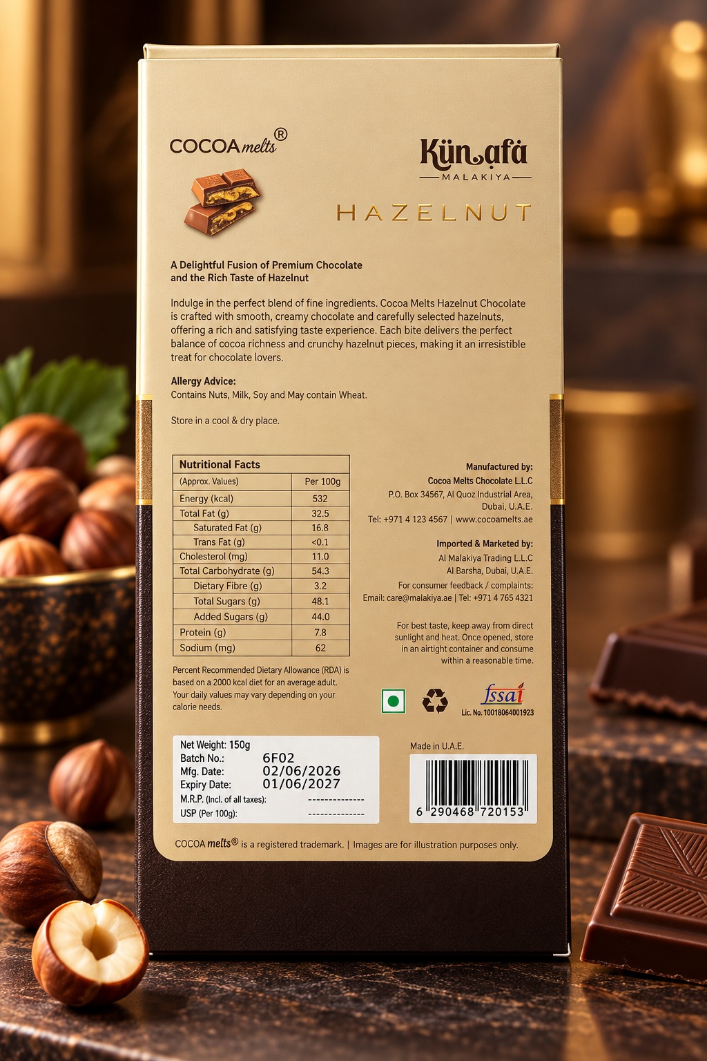 Cocoa Melts Kunafa Hazelnut Bar 150gm