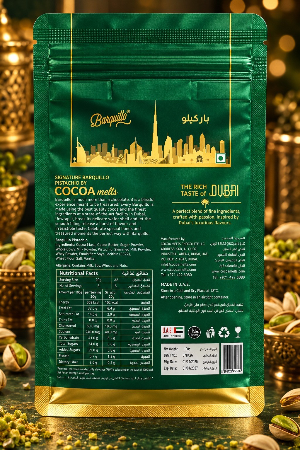 Cocoa Melts Barquillo Pistachio Pouch 100gm