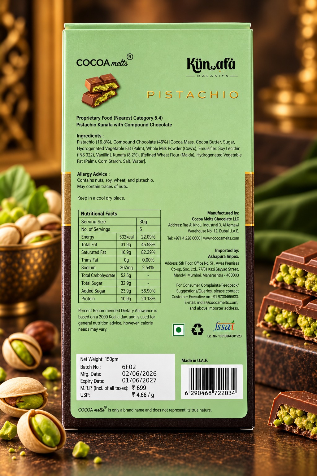 Cocoa Melts Kunafa Pistachio Bar 150gm