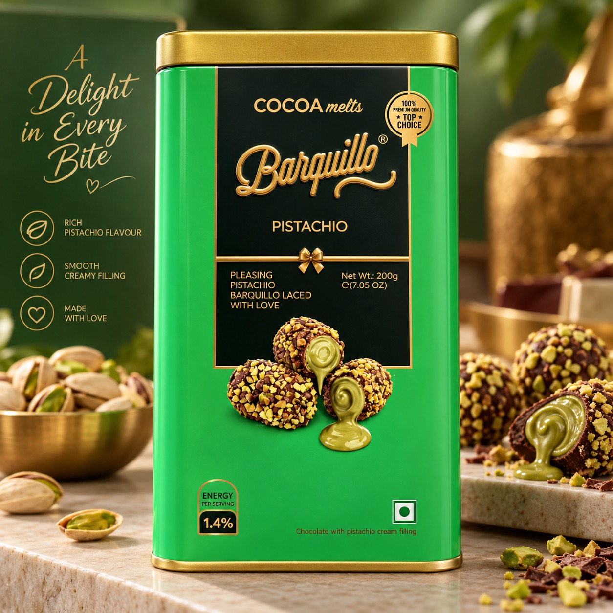 Cocoa Melts Barquillo Pistachio Tin 200gm