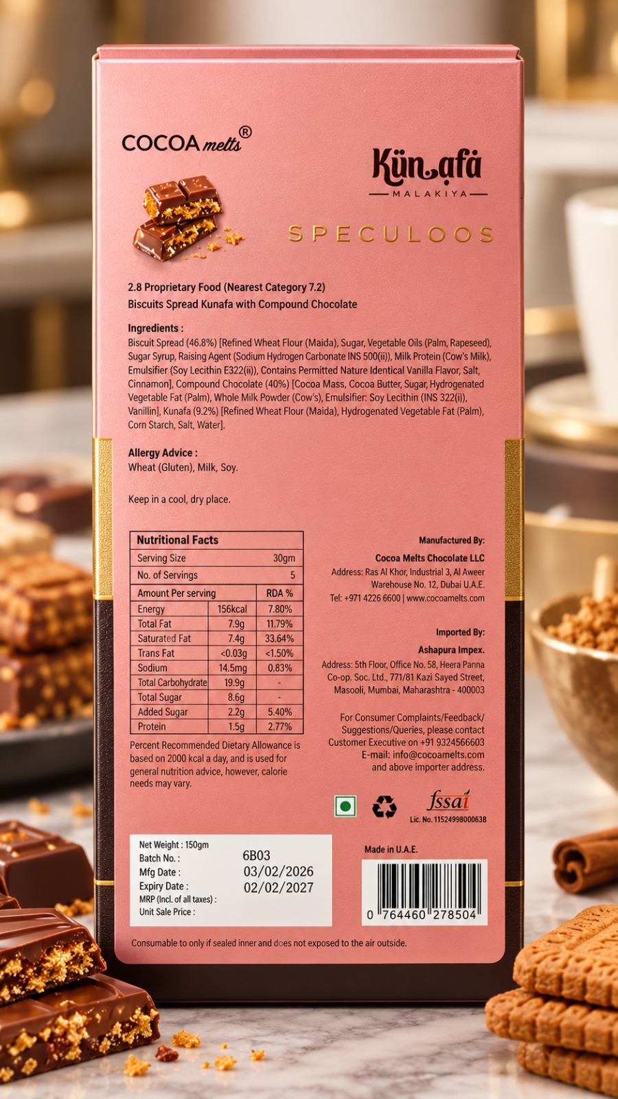 Cocoa Melts Kunafa Speculoos Bar 150gm