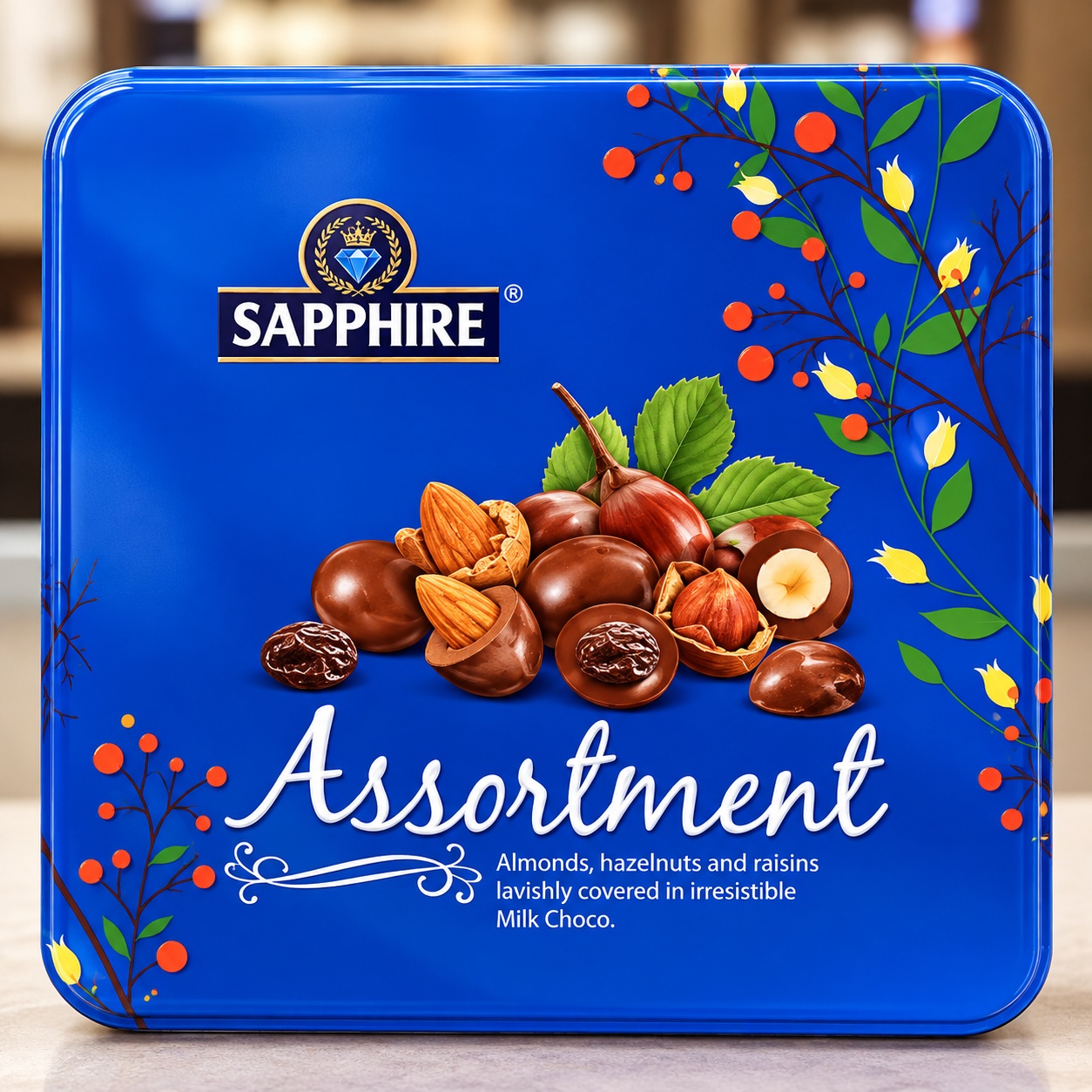 Sapphire Assortment Almonds, Hazelnuts & Raisins Lavishly Covered In Irresistible Milk Choco 200gm