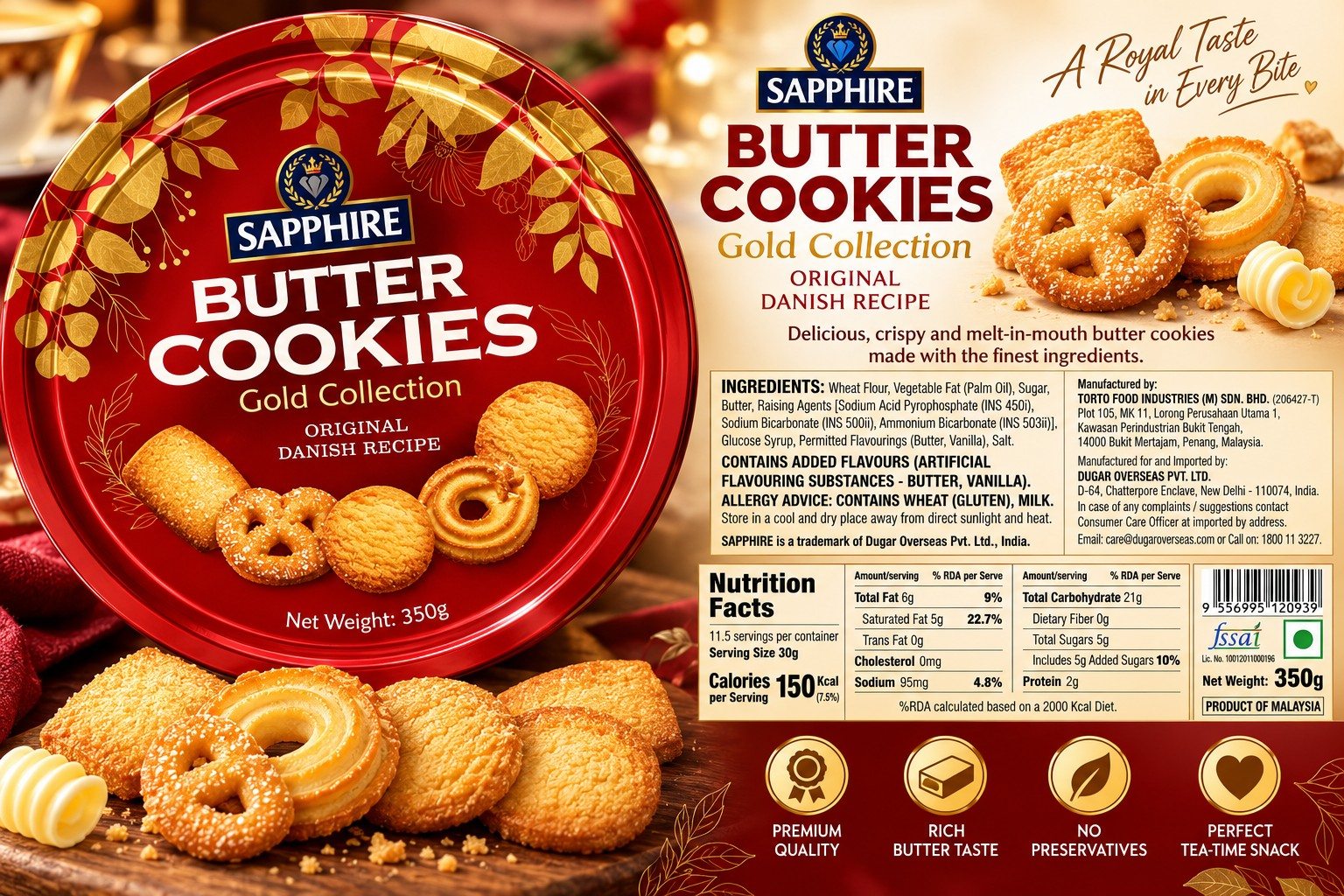 Sapphire Butter Cookies Gold Collection Original Danish Recipe 450gm