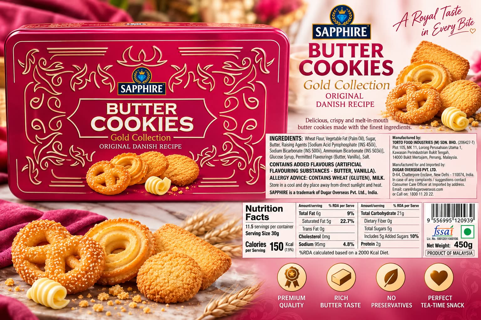 Sapphire Butter Cookies Gold Collection Original Danish Recipe 450gm
